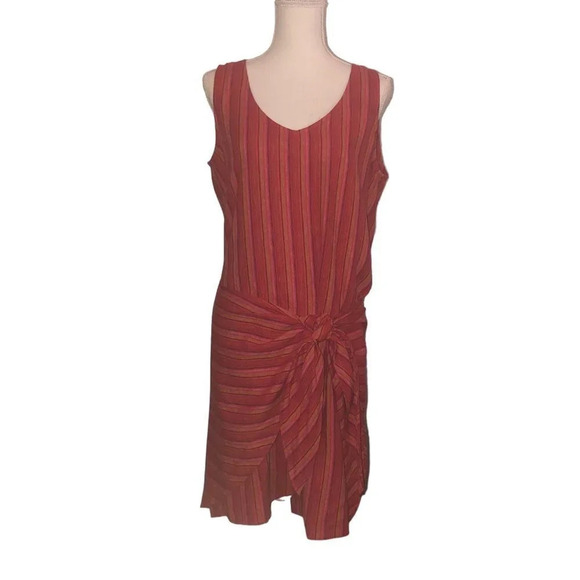 Drew Sz M Women's Striped Red Pink Orange Linen Blend Wrap Waist Tie Front Dress - Picture 3 of 10